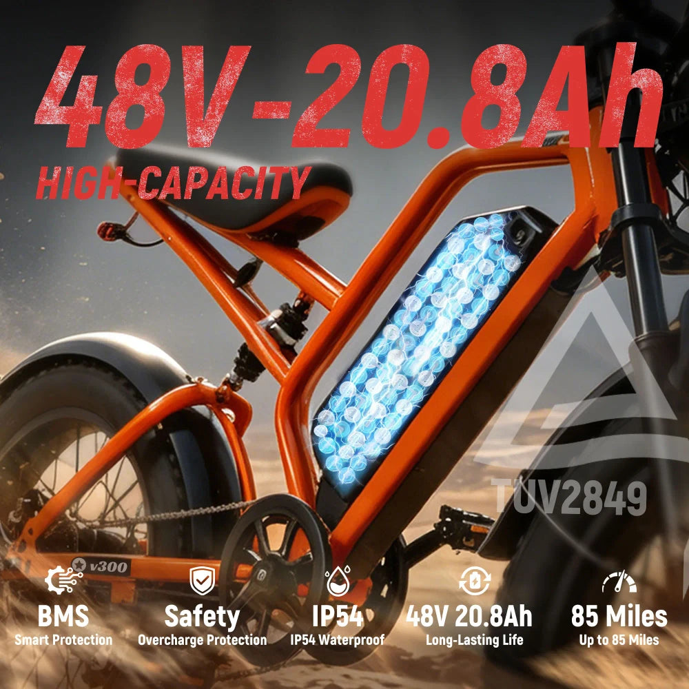 V300 Electric Dirt Bike for Adult, 48V 20.8/41.6Ah Removable Battery, 20"×4" Fat Tire E-Bike with 1500W Motor, Off-Road, Custom