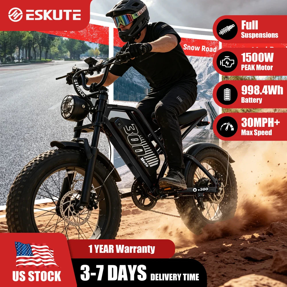 V300 Electric Dirt Bike for Adult, 48V 20.8/41.6Ah Removable Battery, 20"×4" Fat Tire E-Bike with 1500W Motor, Off-Road, Custom